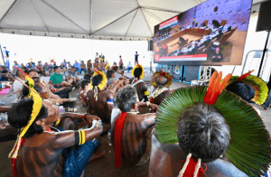 Indigenous people watch hearings at the Brazilian supreme court over the time limit on land rights claims. Photograph: Evaristo Sa/AFP/Getty Images
