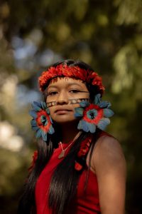 Beka is part of the Munduruku community in northern Brazil. ‘We are known as the Red Ants for our determined resistance and protection of our territory,’ she told the Guardian in New York – en route to Minneapolis. Photograph: Thalia Juarez/The Guardian