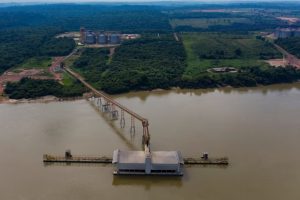 A Cargill transshipment port for soy and corn projects on the Tapajos River in Itaituba, Para state, Brazil, in 2019. Photograph: Léo Corrêa/AP