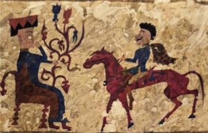Decorated tapestry depicting the seated goddess Artimpasa and a Scythian rider from circa 241 BC. (Public domain)