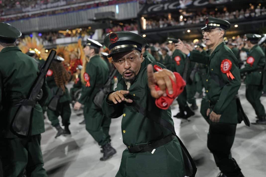Performers from the Salgueiro samba school parade during Carnival celebrations at the Sambadrome in Rio de Janeiro, Brazil, early Monday, Feb. 12, 2024. (AP Photo/Silvia Izquierdo)