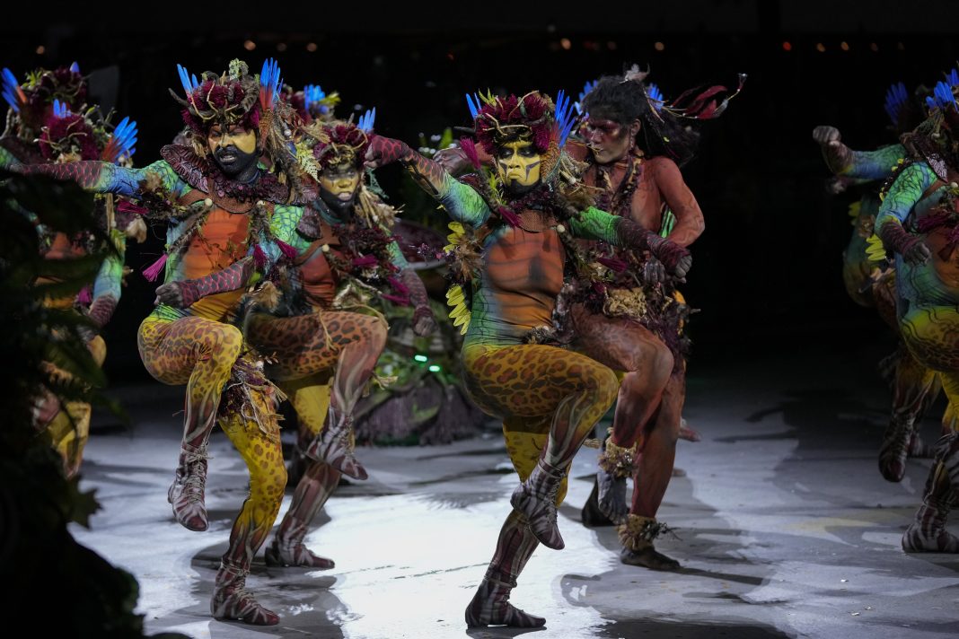 Performers from the Salgueiro samba school parade during Carnival celebrations at the Sambadrome in Rio de Janeiro, Brazil, early Monday, Feb. 12, 2024. (AP Photo/Silvia Izquierdo)