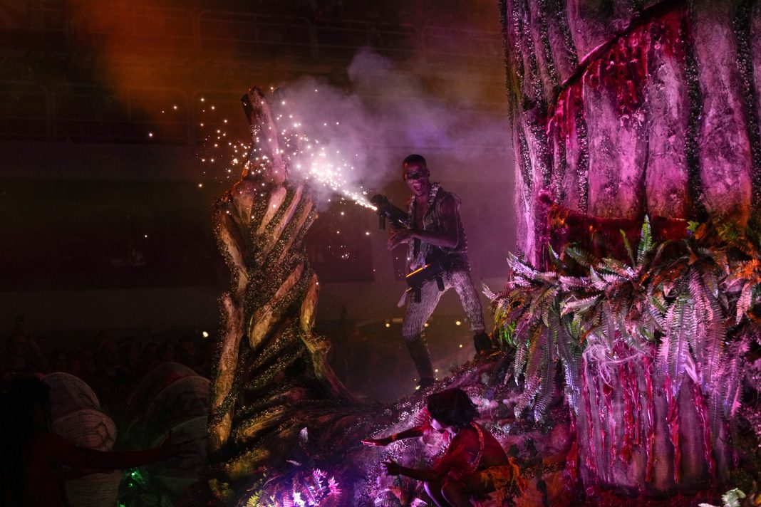 Performers from the Salgueiro samba school parade during Carnival celebrations at the Sambadrome in Rio de Janeiro, Brazil, Monday, Feb. 12, 2024. (AP Photo/Silvia Izquierdo)