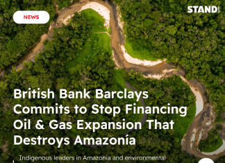 British bank Barclays commits to stop financing oil and gas that destroys Amazonia London, England, February 9, 2024 – Today, the British bank Barclays announced it will stop project and corporate financing for oil and gas in the region, joining a growing list of banks restricting the money flow into a sector that is a major contributor to the destruction of Amazonia and the climate. The announcement comes after years of pressure from civil society groups and Amazonian Indigenous leaders that have joined forces to stop the flows of cash pushing the rainforest to a tipping point.