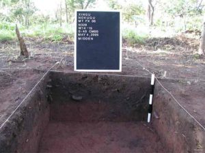 Test pit in Ngokugu archaeological site, showing the dark color and ceramic pieces characteristic of terra preta soil. (Courtesy the researchers/MIT News)