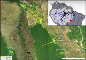 Upper Xingu River study area showing locations of the modern and historic Kuikuro villages and five archaeological sites. Inset map shows the location of the study area in the Amazon Basin (red star) and locations of documented archaeological sites with dark earth (black points). (Schmidt et al./Science Advances)