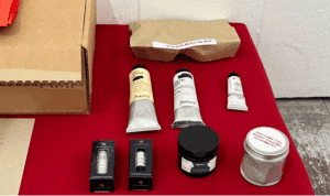 The artists’ kits created from the ashes and charcoal, used by the participating artists to create work for the exhibition. Pic: Cornelia Falknäs