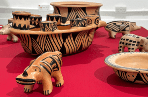 Ceramics made by indigenous Xingu artists and painted with the paint created by ash and charcoal. Pic: Cornelia Falknäs