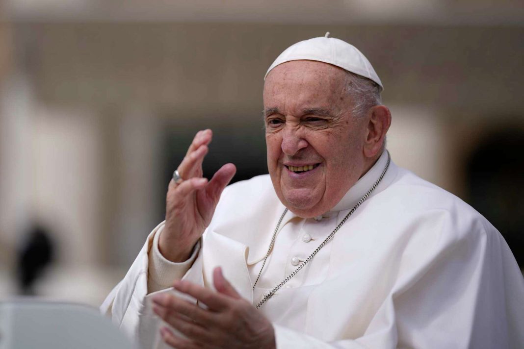 Pope Francis waves as he leaves after his weekly general audience in St. Peter's Square at The Vatican, Wednesday, April 10, 2024. Andrew Medichini/AP