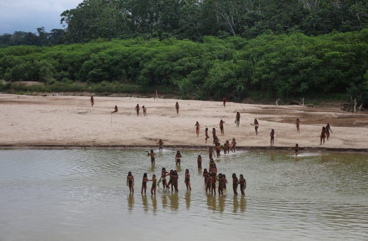 Members of the Mashco Piro Indigenous community gather on the banks of the Las Piedras river in Monte Salvado, Peru, on 27 June 2024. Photograph: Survival International/Reuters