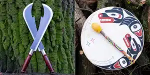 Left: Knives, shamanic tools, are used to cut negative energy. Right: A hand drum adorned with images of a bear and her cub, was painted by Stone, an artist from the Squamish Nation.Arin Yoon