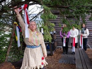 Anne Merete Gaup, a Sámi woman from Norway, prepares for the ceremony.Arin Yoon