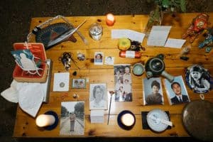 An ancestral altar is covered with objects brought by the ceremony’s participants.Arin Yoon