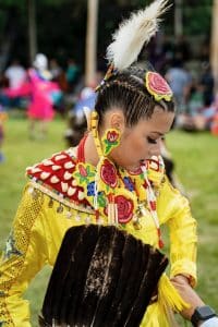 Madison Noon dances at the 2019 Poundmaker Lodge Powwow in St. Albert, Alta. Now a dancer for the Toronto Raptors, Noon says, “I always consider myself a jingle dress dancer and a powwow dancer first.” Photo: Bert Crowfoot / Windspeaker Media