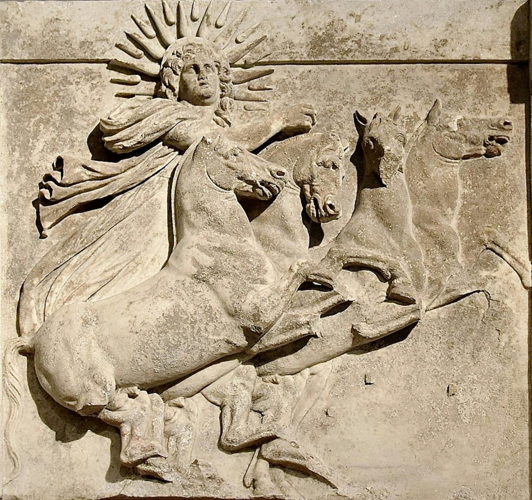 Sun worship – such as to the Greek god Helios – was common to many cultures. Neoclassicism Enthusiast/Wikimedia Commons, CC BY-NC-SA