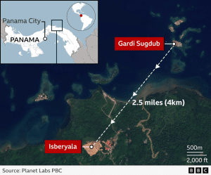 Map made from a satellite image showing the island of Gardi Sugdub off the northern coast of Panama. It is 2.5 miles (4km) from Isberyala, which is visible as a large light patch surrounded by green forest.[BBC]