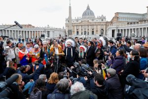 Delegates from Canada's Indigenous peoples speak to the media after a meeting with Pope Francis at the Vatican in 2022. (Reuters: Remo Casilli)