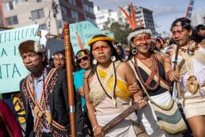 Waorani groups mobilize outside the Constitutional Court of Ecuador in Quito on July 18, 2024. Credit: Karen Toro/Amazon Frontlines