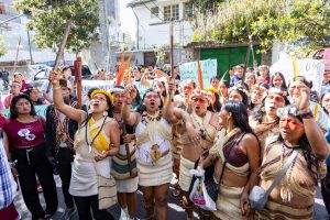 Waorani groups mobilize outside the Constitutional Court of Ecuador in Quito on July 18, 2024. Credit: Karen Toro/Amazon Frontlines