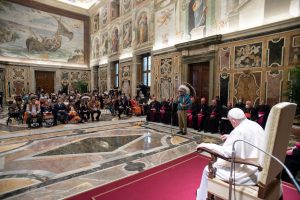 Pope Francis holds an audience in the Clementine Hall of the Apostolic Palace with Indigenous delegations from Canada at the Vatican. (Vatican Handout via REUTERS)