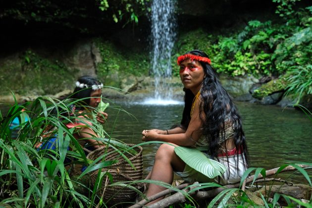 Silvana Nihua, a member of the Kiwaro community and former OWAP president, sits near a sacred waterfall in a Waorani community's territory, Pastaza, Ecuadorian Amazon. Credit: Nico Kingman/Amazon Frontlines
