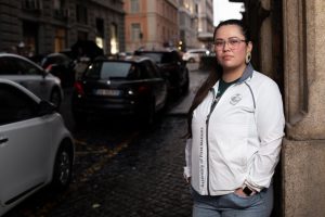 Taylor Behn-Tsakoza, a Dene woman from the Fort Nelson First Nation, was part of a delegation at Vatican City calling for an apology in 2022. (Supplied: Taylor Behn-Tsakoza)