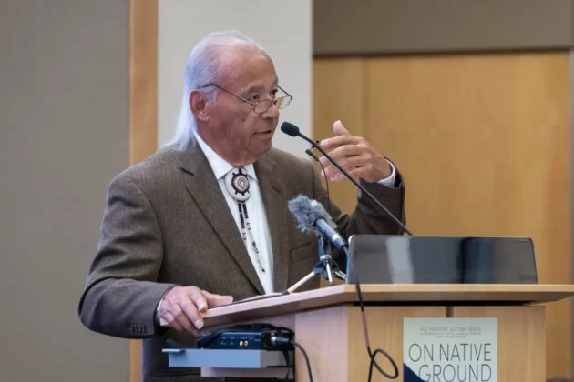 Chickahominy Chief Stephen Adkins speaking at VCU’s Cabell Library on Nov. 18, the first instance of a federally recognized tribal chief speaking at the university. Photo by Kieran Stevens.