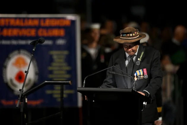 astor Ray Minniecon speaking at Anzac Day Welcome to Country